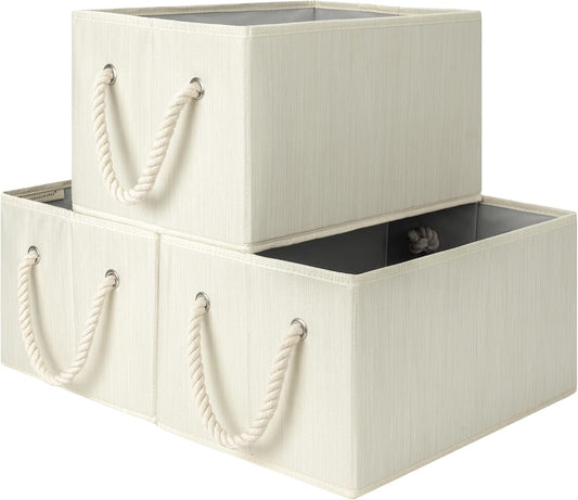Large Storage Boxes for Organising, Foldable Storage Baskets for Shelves, Fabric Storage Boxes with Handles, Decorative Shelf Baskets for Playroom, Beige, White & Ivory, 3-Pack